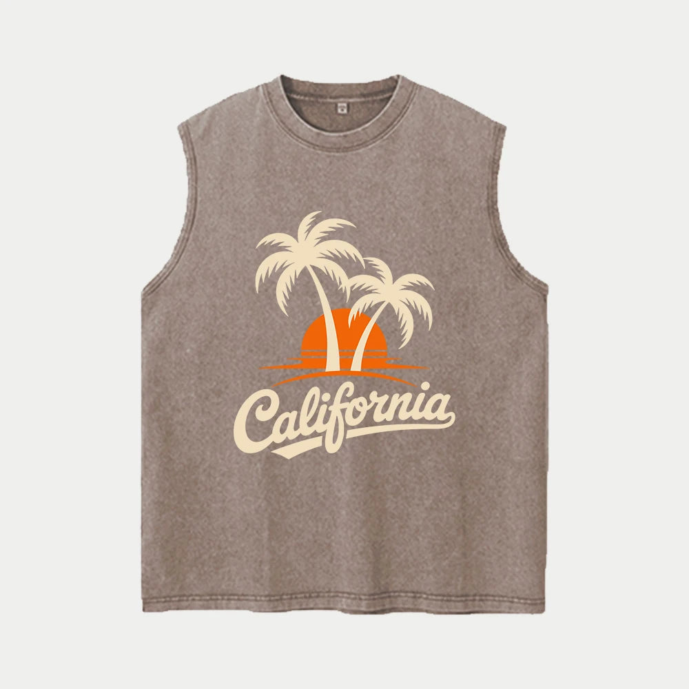 Men's Coconut Tree Print Pure Cotton Washed Vest Summer Fashion Casual Heavyweight Distressed Sleeveless Vest 2026 New Style