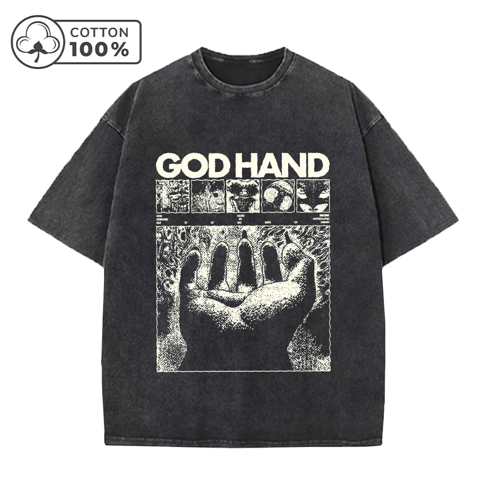 Men's Distressed Washed T-Shirt Trendy God s Hand Print Vintage Pure Cotton Short Sleeve Comfortable And Breathable Training Top