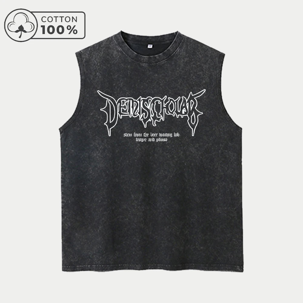Men's Hollowed Out Text Print Washed Vest Retro Casual Pure Cotton Sleeveless Vest Summer Daliy Street Style Commute Loose Top