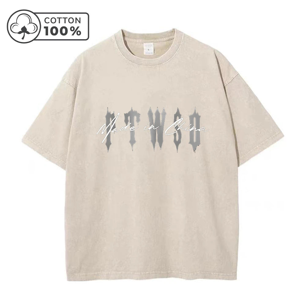 Men's Retro Washed T-Shirt Street Style Word Print Pure Cotton Short Sleeve Top Suitable For Daily Fitness Training And Commute