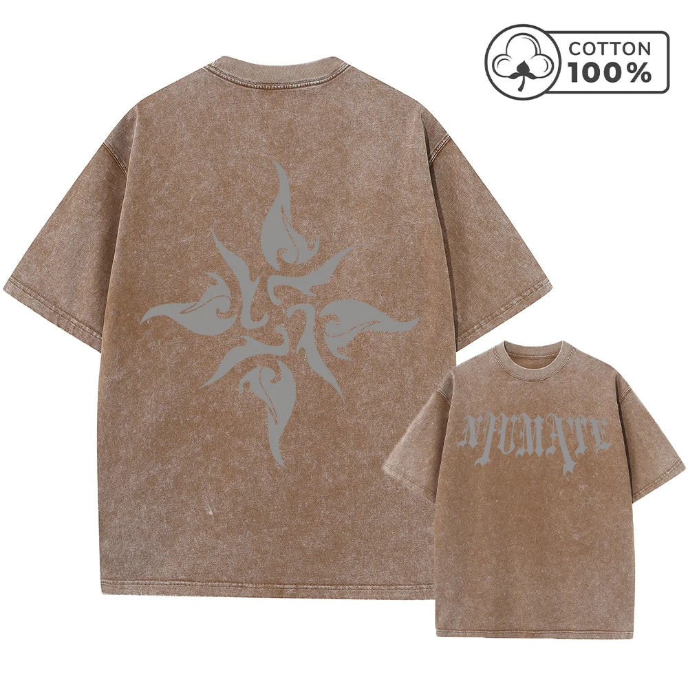 Men's Gothic Letter And Floral Print Retro Washed T-Shirt Street Fashion Pure Cotton Short Sleeve Daily Fitness Training Top