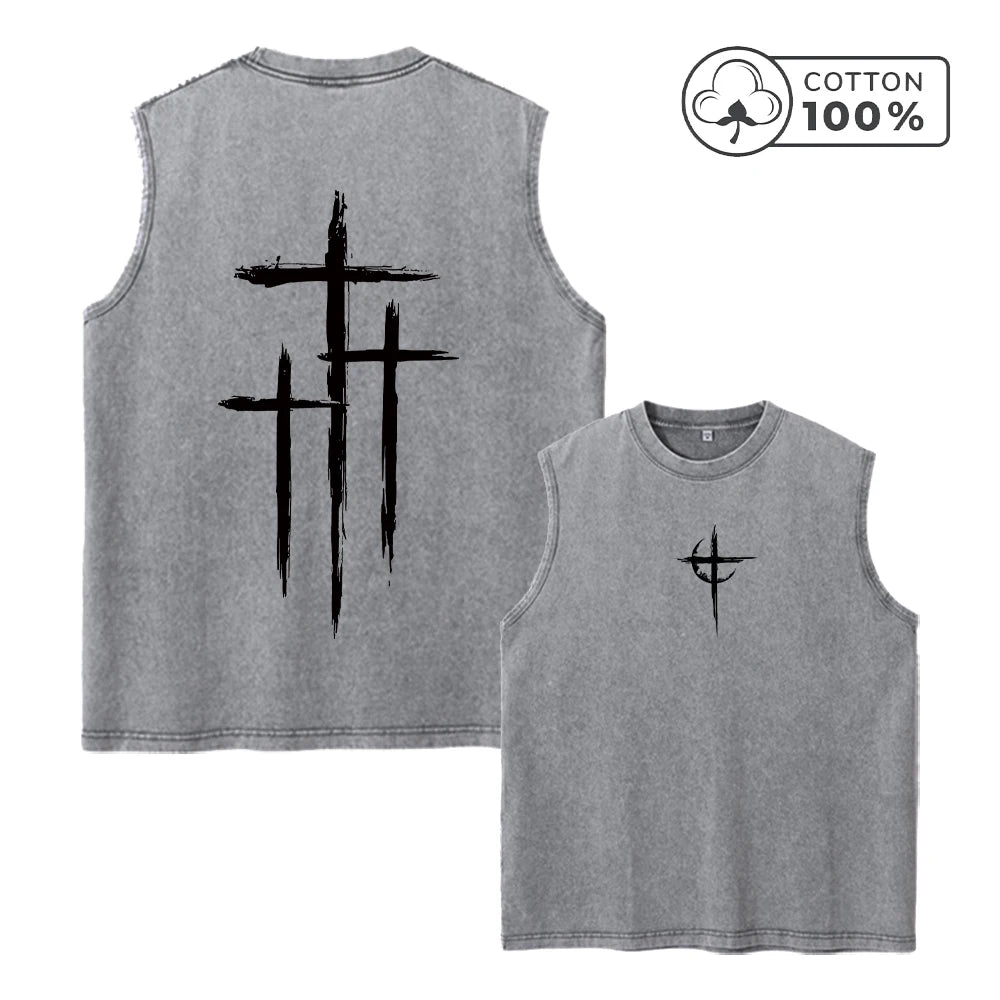 Men's Fashion Washed Vest With Scratched Cross Print Pure Cotton Sleeveless Fitness T Shirt Loose Casual Commuter Sports Top