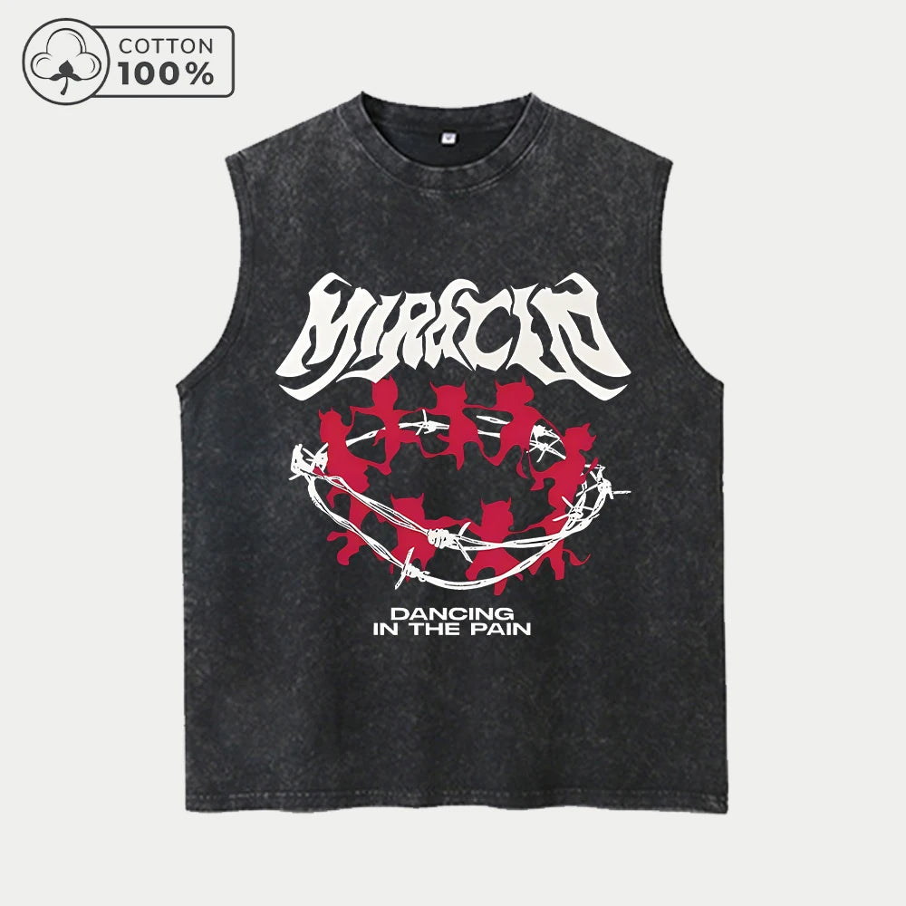 Men's Retro Washed Vest With Creative Dancing Devil Print Pure Cotton Casual Sleeveless T-Shirt Distressed Street Style Top