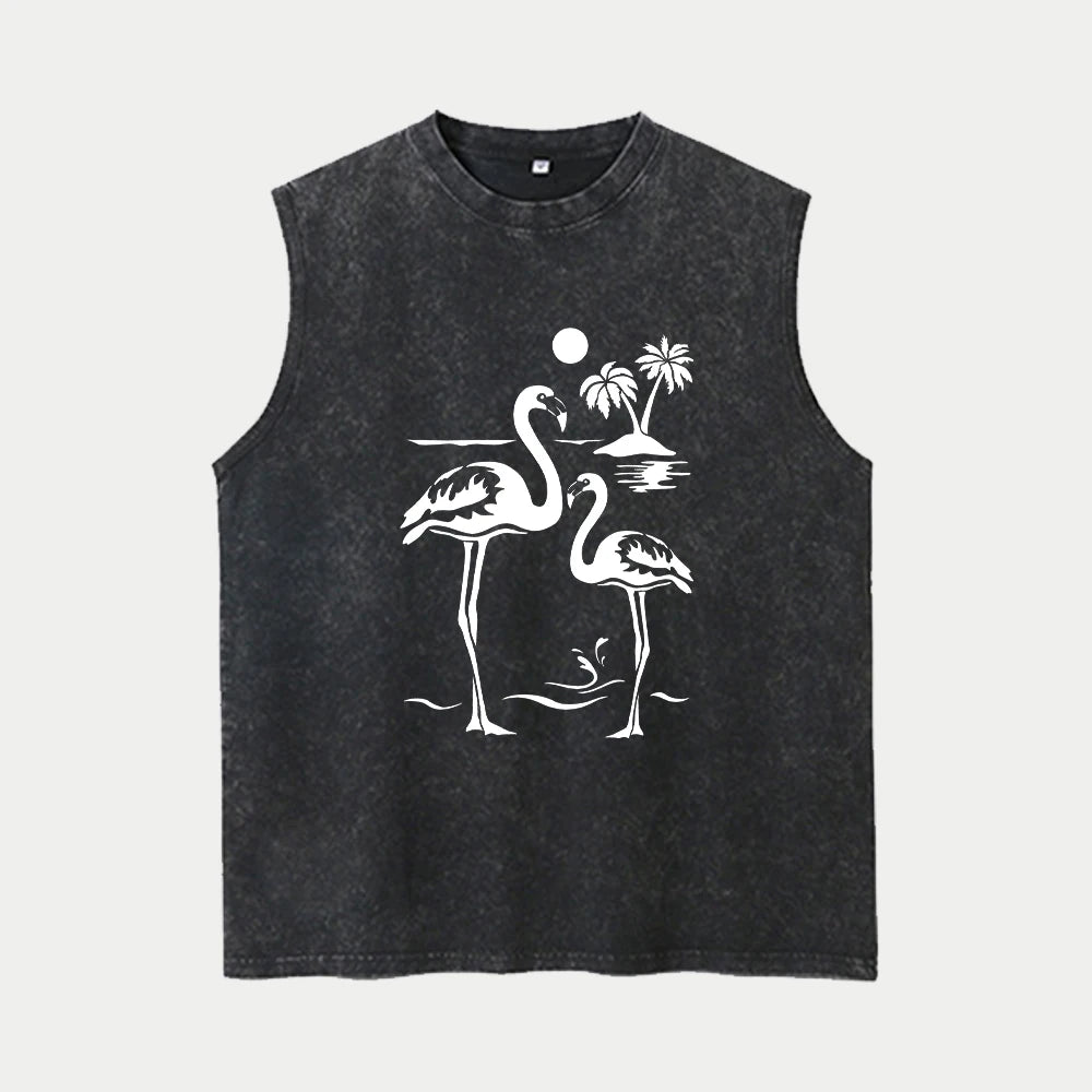 Men's Coconut Tree Print Washable Vest Summer Loose Casual Pure Cotton Short Sleeve Retro Street Style Machine Washable
