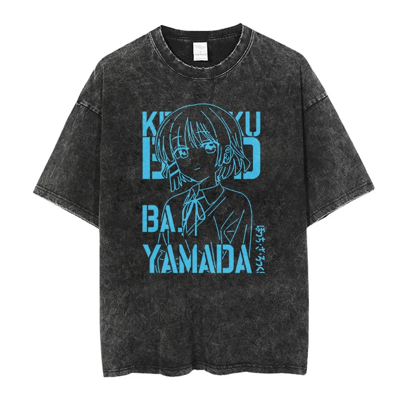 Men Oversized Printed Tshirts Bocchi Club Music Band Anime Bocchi The Rock Cotton Tops Creative Crew Neck Tees Washed TShirt