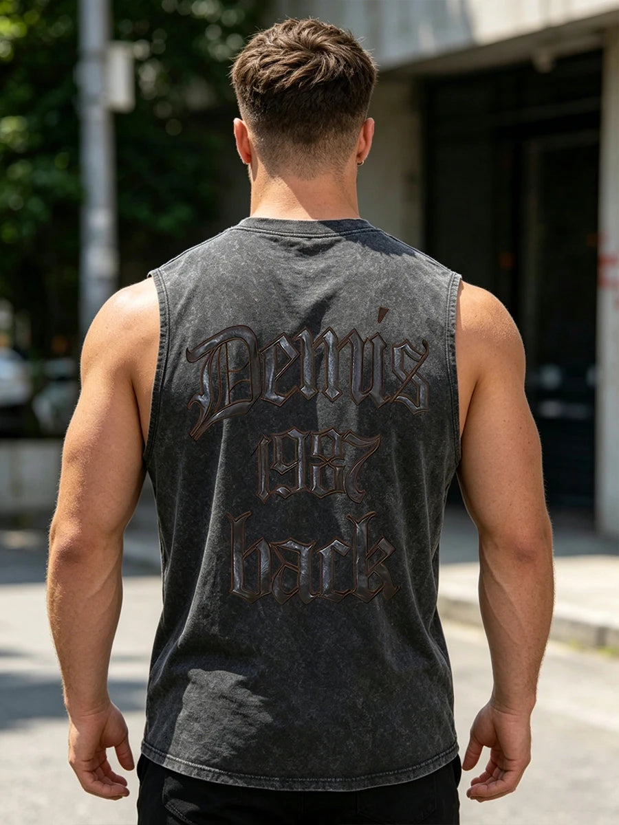 Men's Heavyweight Pure Cotton Washed Sleeveless Vest Trendy Gothic Font Print Top Retro Distressed Vest 2026 New Arrival