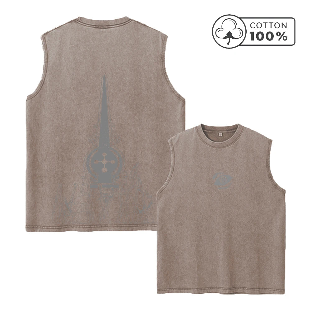 Men's Architectural Print Distressed Washed Vest Pure Cotton Breathable T-Shirt Summer Fitness Running Casual Sleeveless Vest