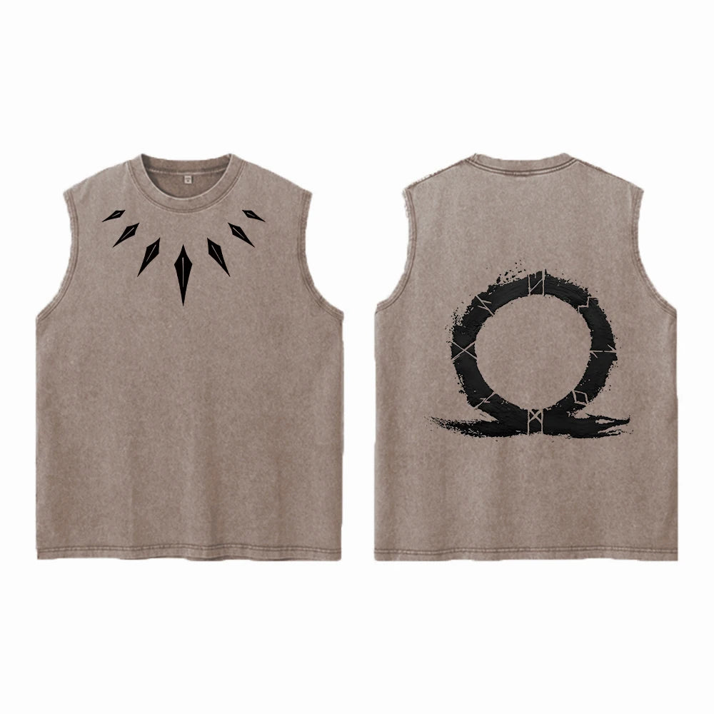 Men's Vintage Washed Vest Stylish Pure Cotton Printed Round Neck Sleeveless Top Summer Trendy Casual Loose Everyday Wear