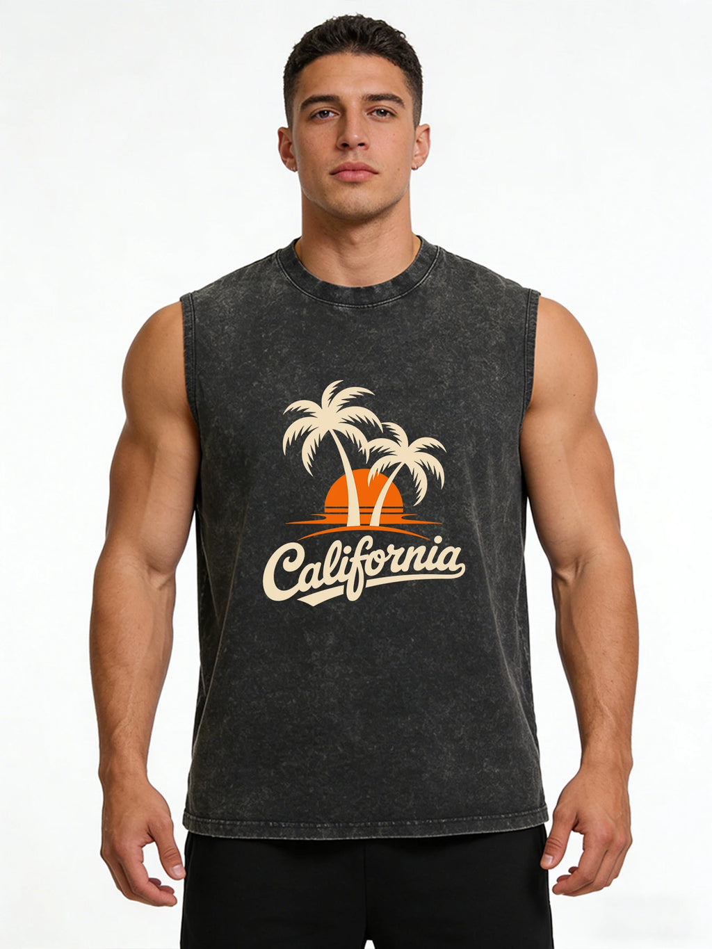 Men's Coconut Tree Print Pure Cotton Washed Vest Summer Fashion Casual Heavyweight Distressed Sleeveless Vest 2026 New Style