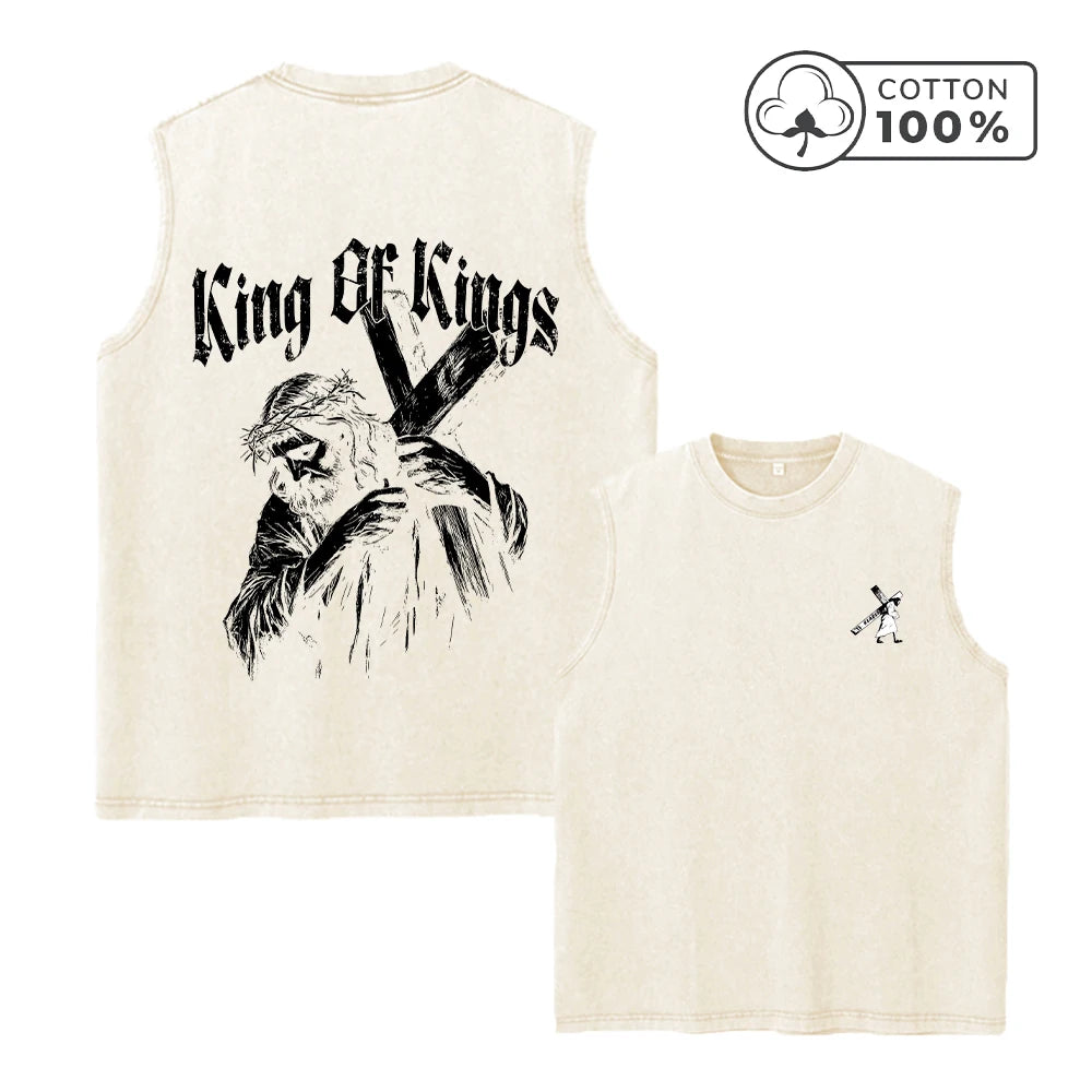 Men's Distressed Washed Vest With Jesus Cross Print Summer Pure Cotton Casual Sleeveless T-Shirt Vintage Street Style Top