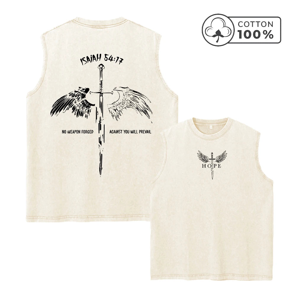 Men's Casual Washed Vest With Sword And Wing Print Loose Fit Pure Cotton Summer Basketball Fitness Training Sleeveless Top