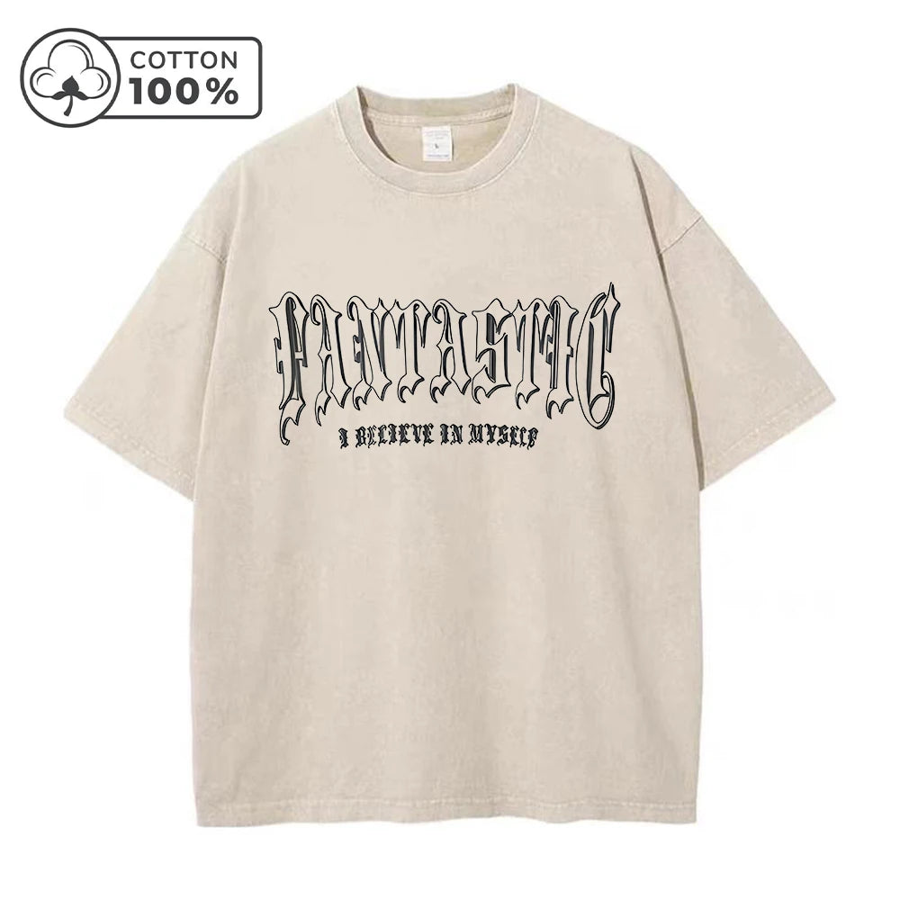 Men's Hollowed Out Letter Print Retro Washed T-Shirt Street Fashion Summer Trend Pure Cotton Short Sleeved Fitness Training Top