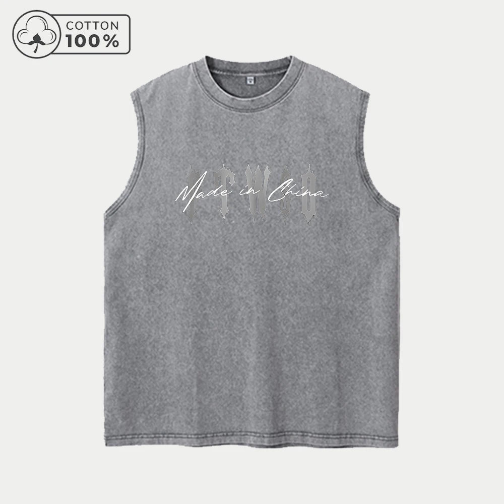Men's Fashion Washed Vest With Twisted Text Print Pure Cotton Sleeveless Fitness T Shirt Loose Fit Casual Commuter Sports Top