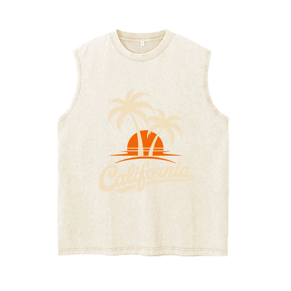 Men's Coconut Tree Print Pure Cotton Washed Vest Summer Fashion Casual Heavyweight Distressed Sleeveless Vest 2026 New Style