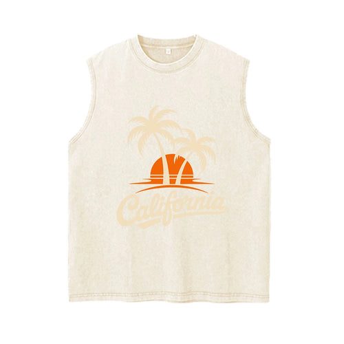Men's Coconut Tree Print Pure Cotton Washed Vest Summer Fashion Casual Heavyweight Distressed Sleeveless Vest 2026 New Style