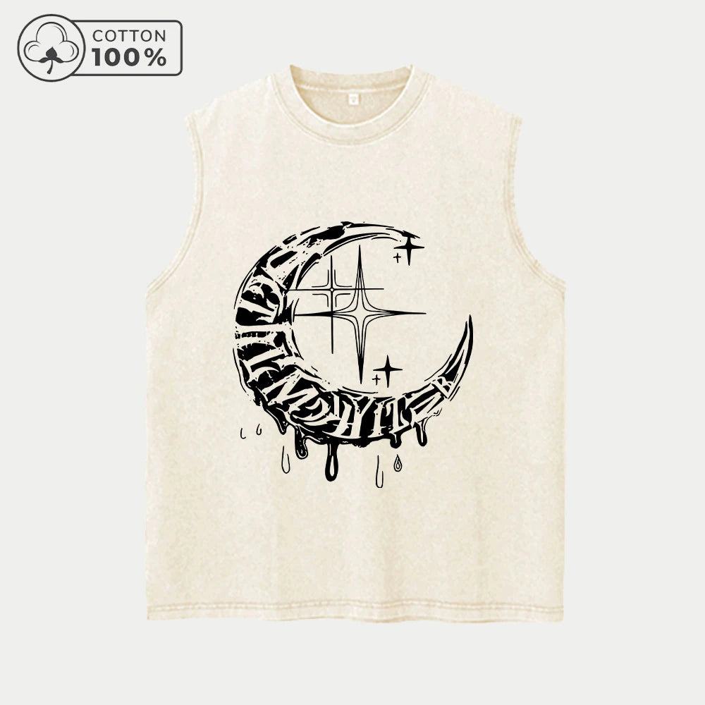 Men's Retro Washed Vest With Unique Star And Moon Print Pure Cotton Casual Sleeveless T-Shirt Distressed Street Style Top