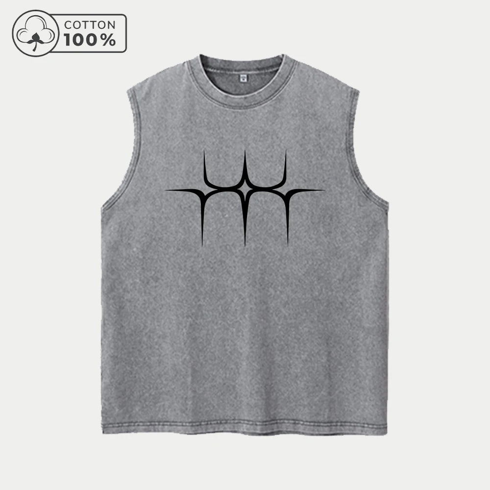 Men's Star Print Distressed Washed Vest Pure Cotton Breathable T-Shirt Summer Outdoor Fitness Running Casual Sleeveless Vest