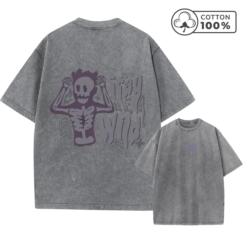 Men's Quirky Skull Print Retro Washed T-Shirt Summer Distressed Loose Casual Fashion Short Sleeved Fitness Commuter Top
