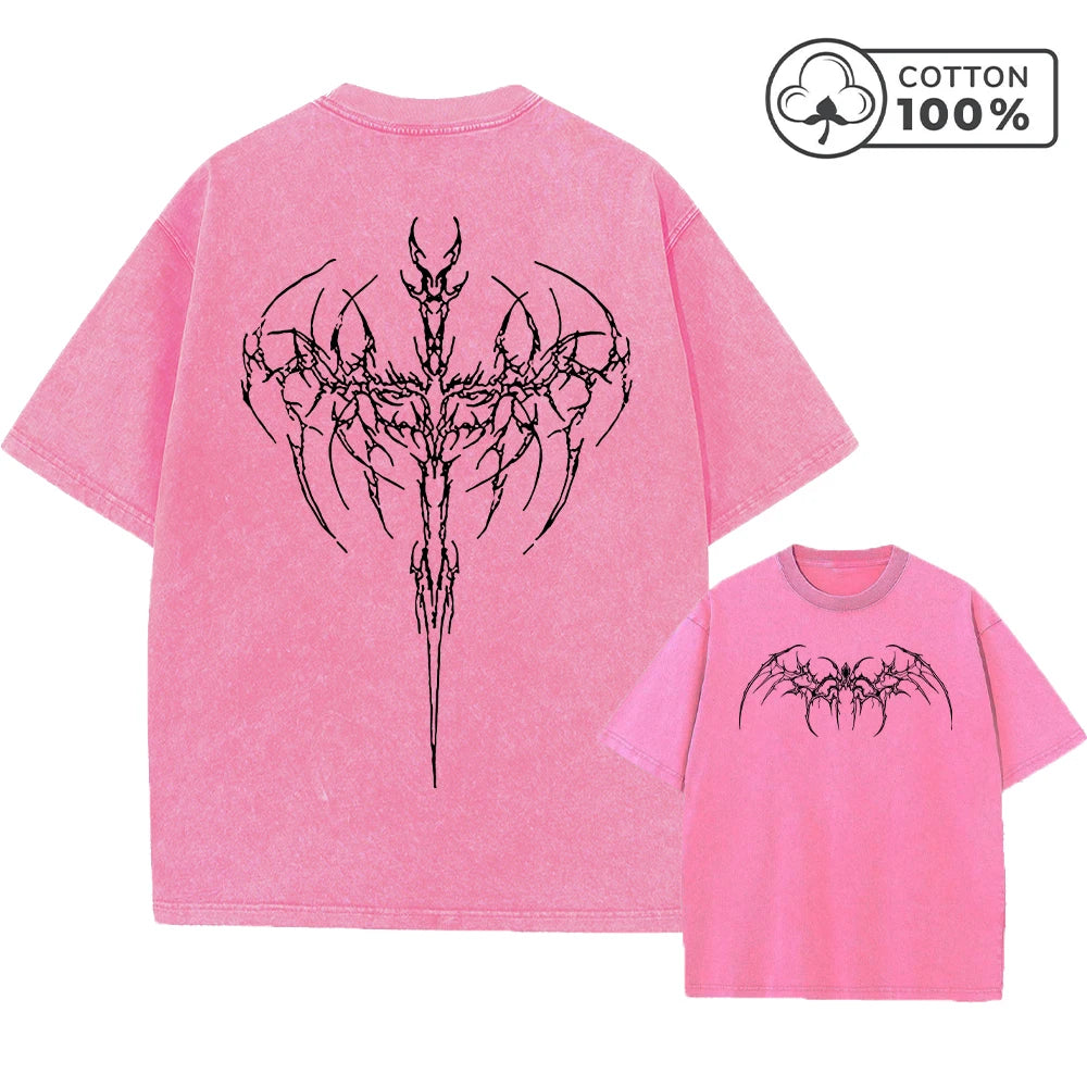 Men's Thorn Wings Print Retro Washed T-Shirt Trendy Streetwear Fitness Top Summer Casual Pure Cotton Breathable Short Sleeve Top