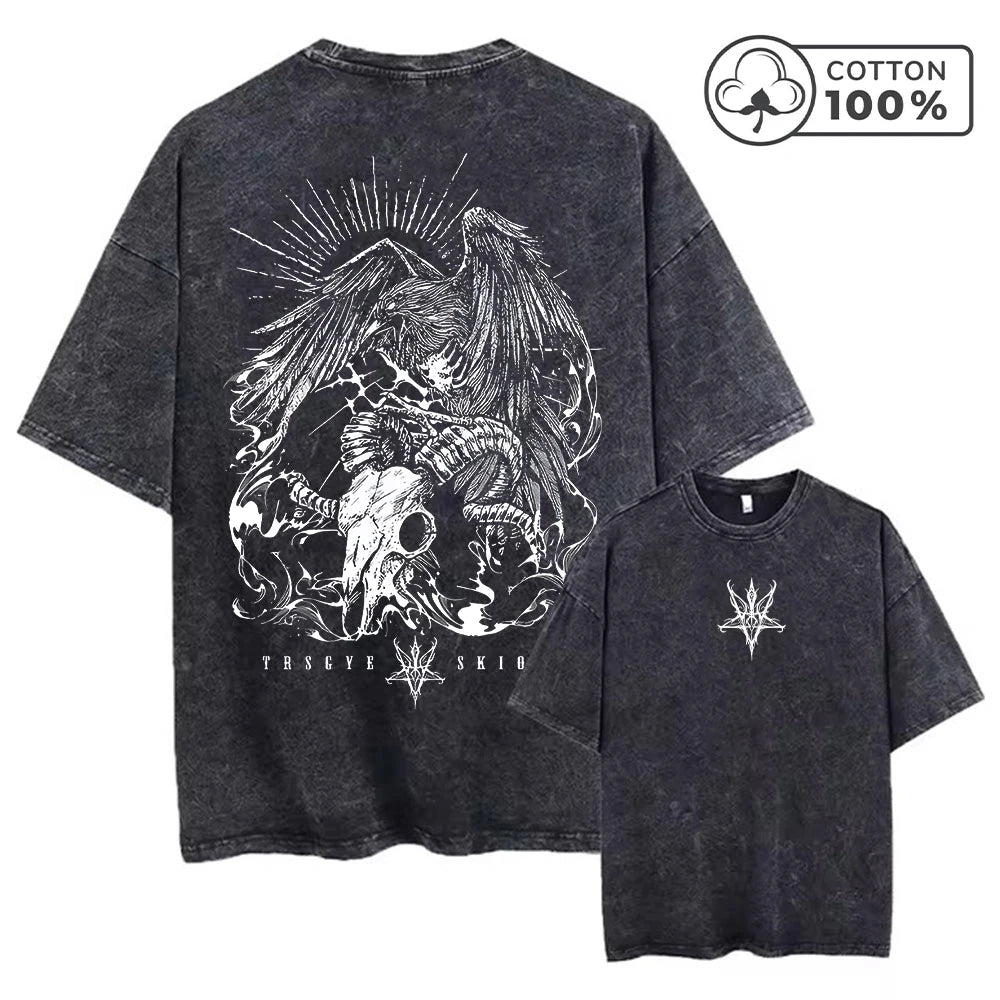 Men's Street Style Washed T-Shirt With Eagle And Ram's Head Print Retro Pure Cotton Short Sleeve Top Casual Daily Commute