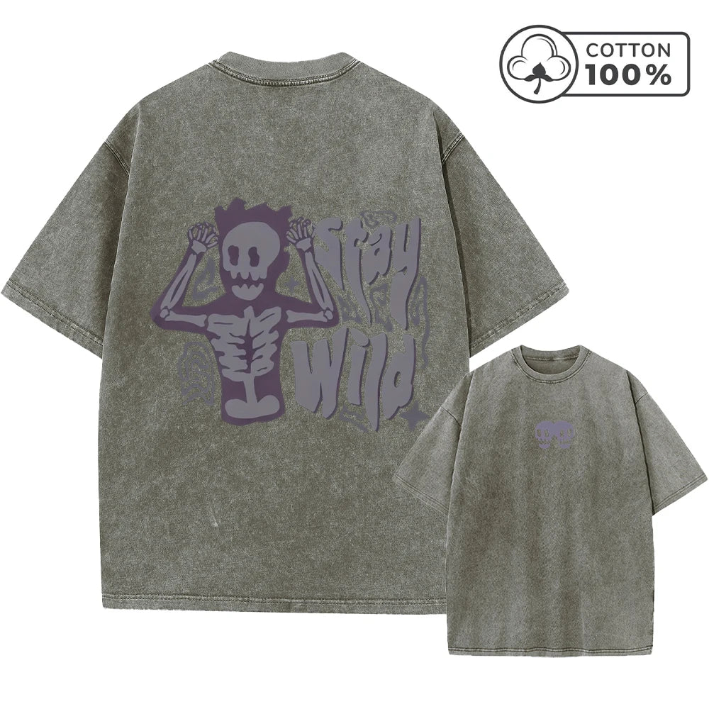Men's Quirky Skull Print Retro Washed T-Shirt Summer Distressed Loose Casual Fashion Short Sleeved Fitness Commuter Top