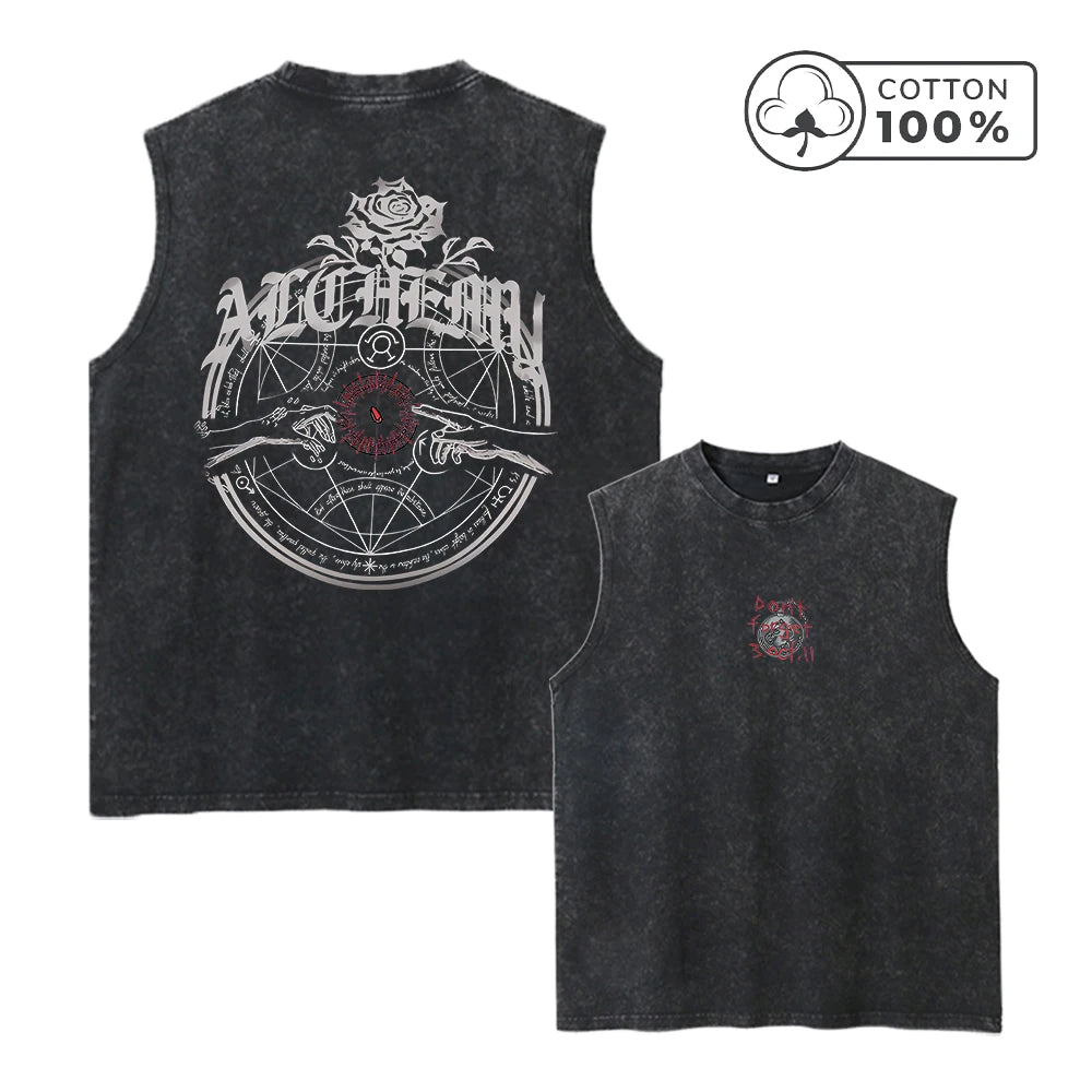 Men's Fashion Retro Washed Vest Summer Fitness Loose Casual Sleeveless T-Shirt With Personalized Pattern Print Pure Cotton Vest