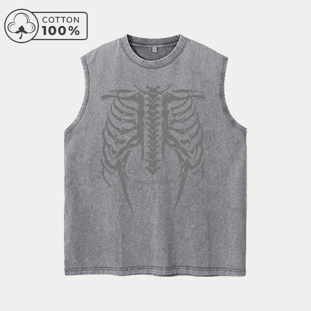 Men's Unique Chestbone Print Washed Vest Retro Pure Cotton Sleeveless Top Casual Loose Fitting Summer Fitness Commute Vest