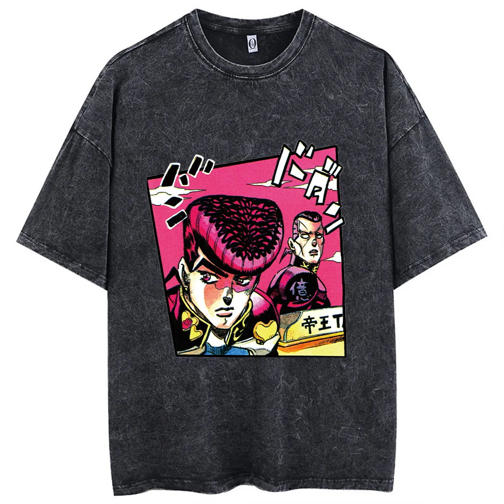 Y2k Washed T-shirts For Men Anime JoJo's Bizarre Adventure Short Tshirts Women Tops Graphic Printed TShirt Short Sleeve Unisex