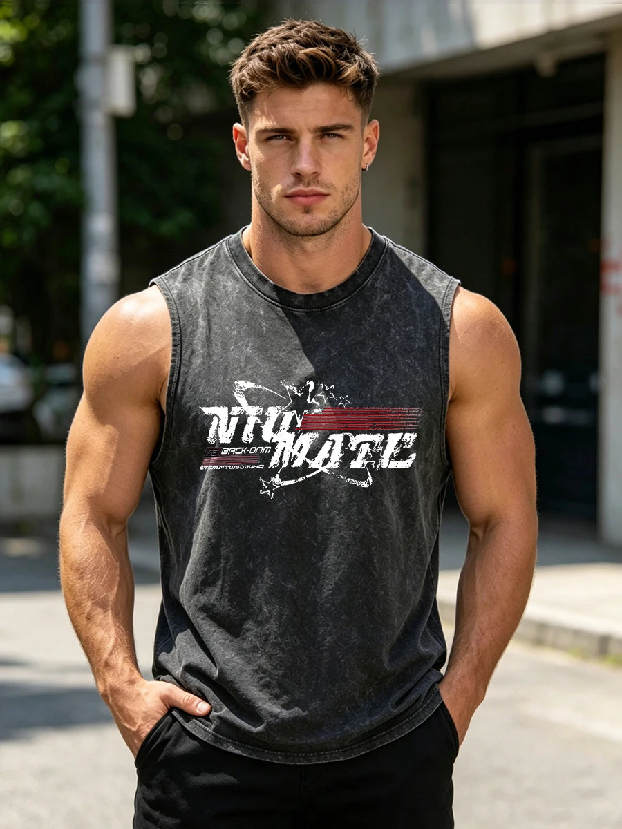 Men's Hollowed Out Text Print Washed Vest Retro Casual Pure Cotton Sleeveless Vest Summer Daliy Street Style Commute Loose Top