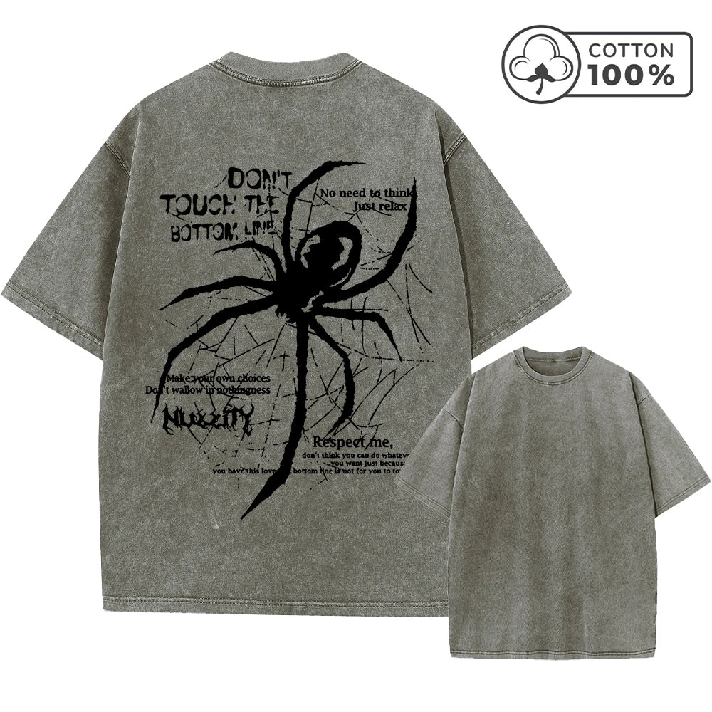 Men's Distressed Washed T-Shirt With Spider Print Retro Pure Cotton Short Sleeve Comfortable And Breathable Training Top