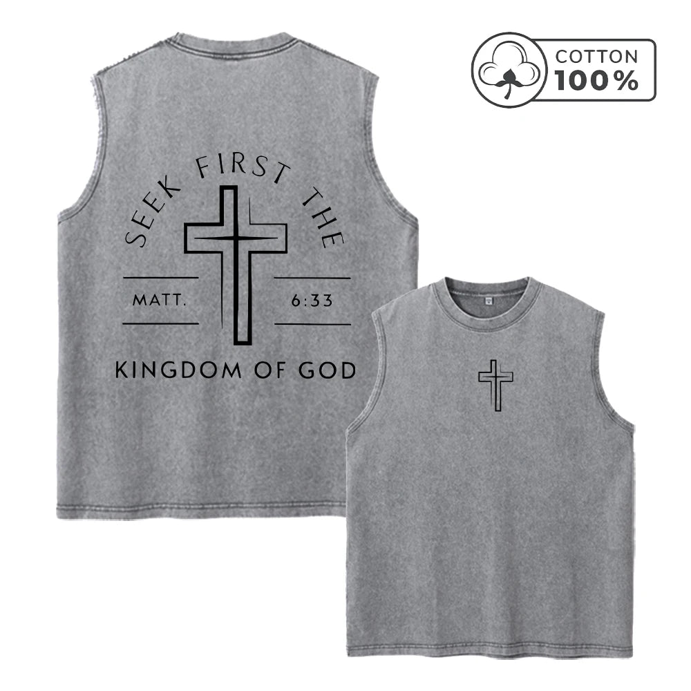 Men's Distressed Washed Vest With Prayer And Cross Print Summer Pure Cotton Casual Sleeveless T-Shirt Vintage Street Style Top