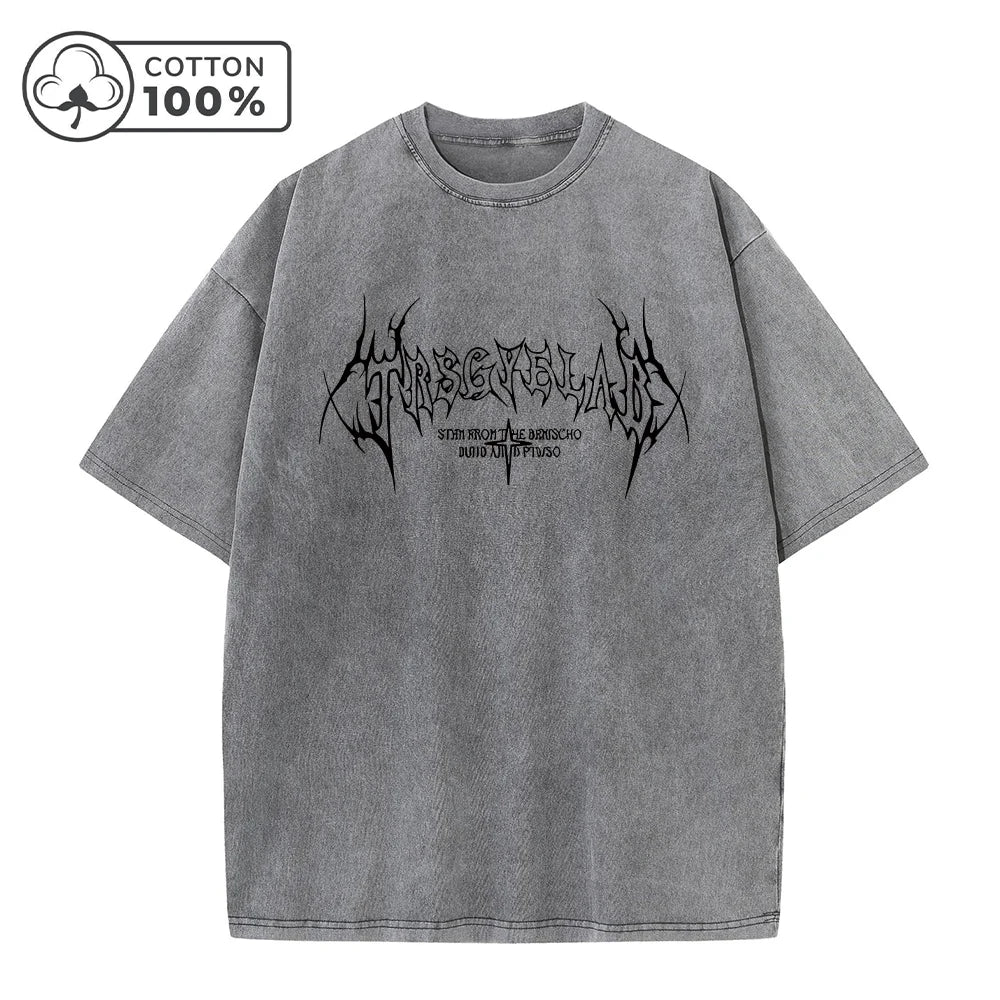 Men's Retro Distressed Washed T-Shirt Pure Cotton Loose Fit Casual Short Sleeve Dark Gothic Text Print Stylish Commuter Top