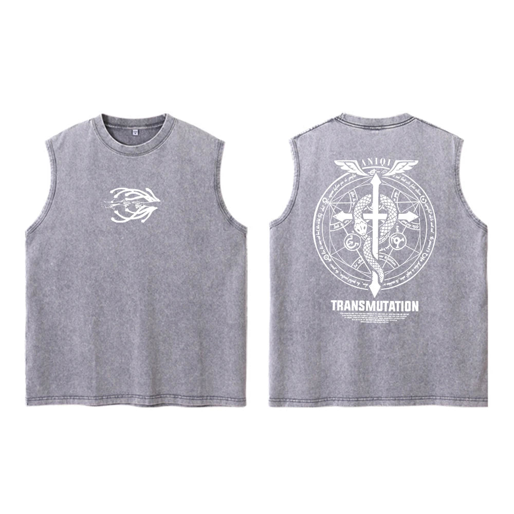 Anime Fullmetal Alchemist Acid Vest 100% Cotton Printed Top Harajuku Retro Gothic Street Fashion Style Black Vest Unisex Summer