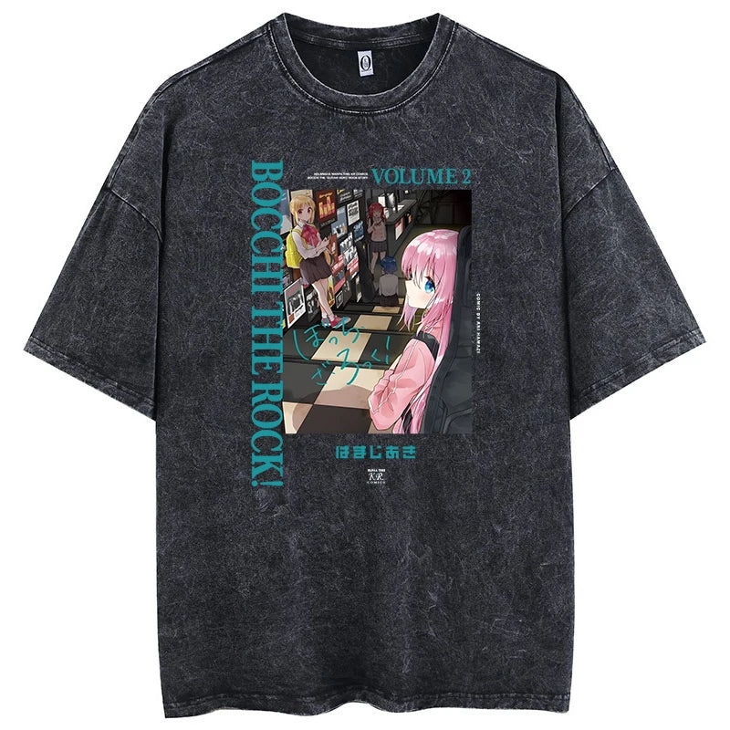 Men Oversized Printed Tshirts Bocchi Club Music Band Anime Bocchi The Rock Cotton Tops Creative Crew Neck Tees Washed TShirt