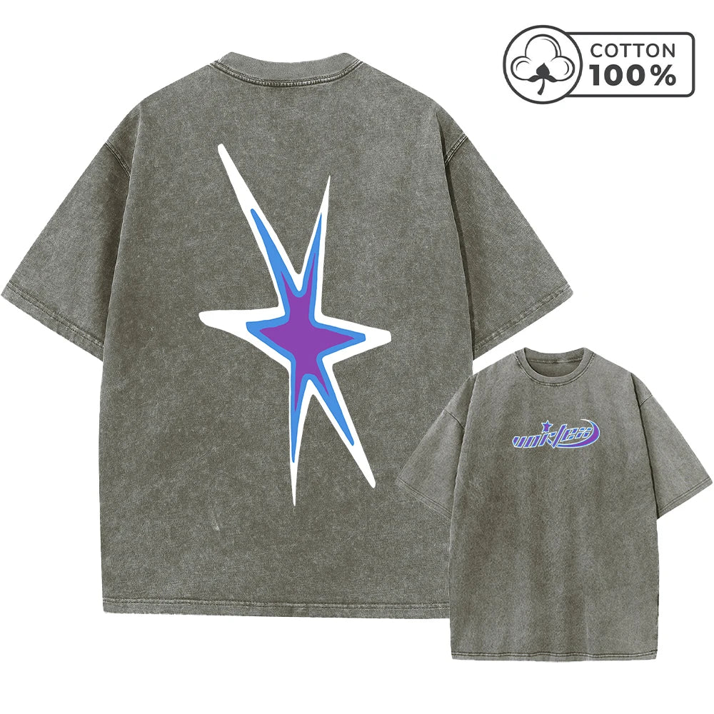 Men's Y2K Style Star Print Retro Washed T-Shirt Breathable Pure Cotton Casual Short Sleeved Summer Fitness Running Casual Top