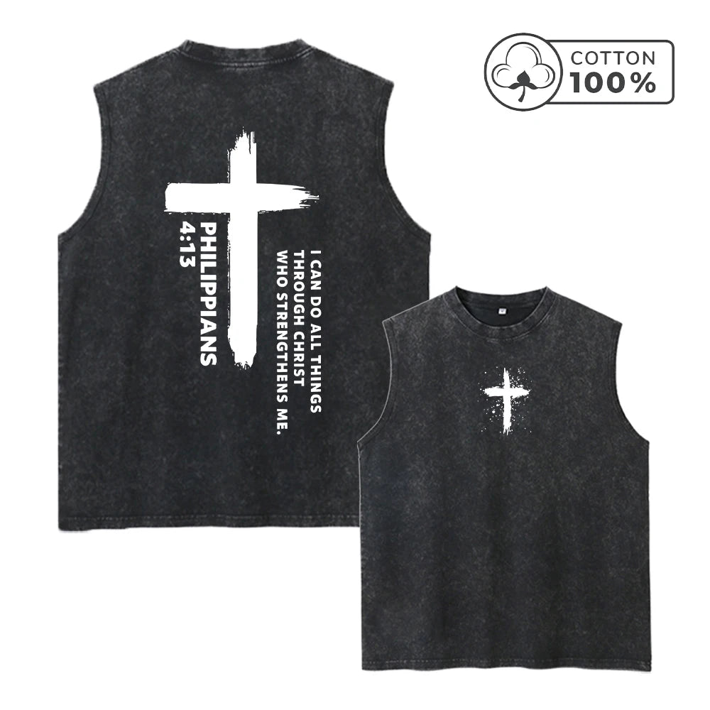 Men's Fashion Cross Print Retro Pure Cotton Washed Vest Summer Casual Sleeveless T-Shirt Daily Commute Outdoor Fitness Top