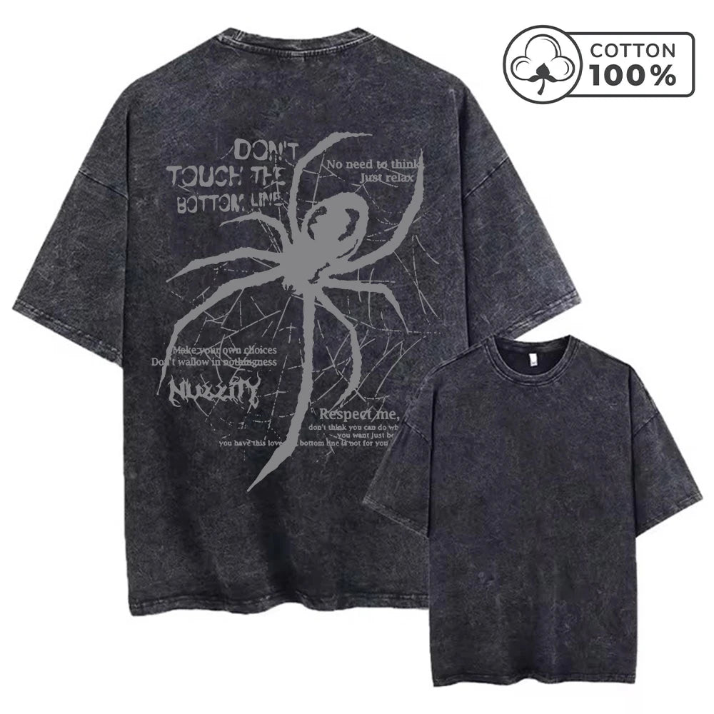 Men's Distressed Washed T-Shirt With Spider Print Retro Pure Cotton Short Sleeve Comfortable And Breathable Training Top