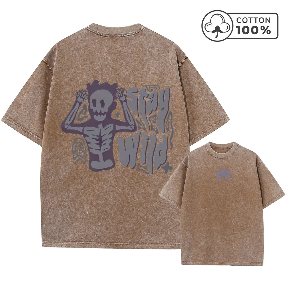 Men's Quirky Skull Print Retro Washed T-Shirt Summer Distressed Loose Casual Fashion Short Sleeved Fitness Commuter Top