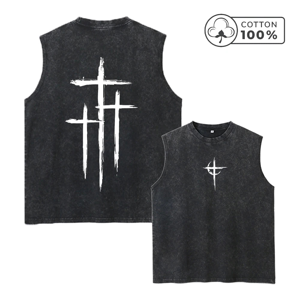 Men's Fashion Washed Vest With Scratched Cross Print Pure Cotton Sleeveless Fitness T Shirt Loose Casual Commuter Sports Top