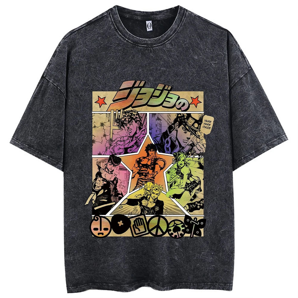 Y2k Washed T-shirts For Men Anime JoJo's Bizarre Adventure Short Tshirts Women Tops Graphic Printed TShirt Short Sleeve Unisex