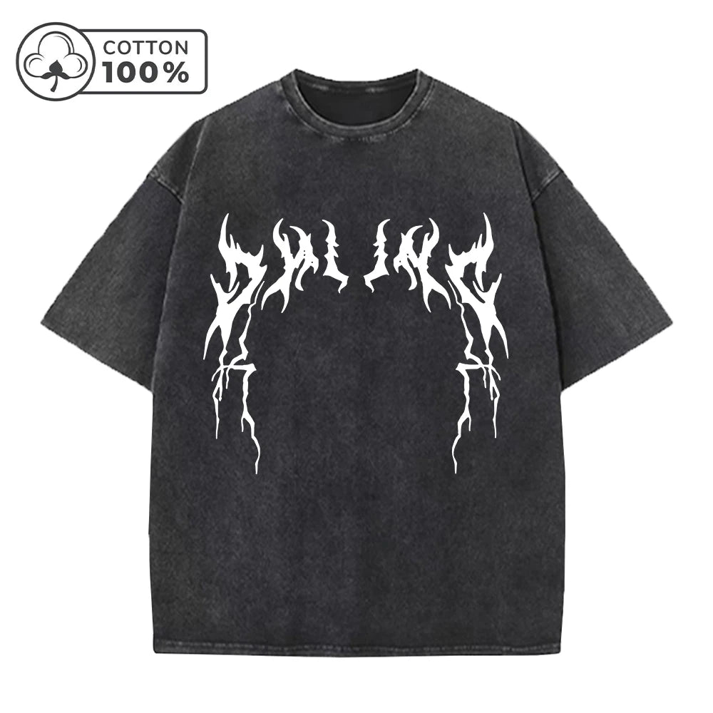 Men's Creative Thorn Print Washed T-Shirt Summer Distressed Loose Fitting Casual Fashion Short Sleeve Gym And Commuter Top