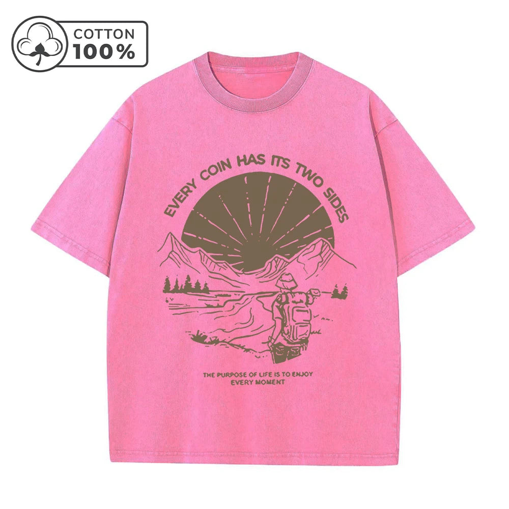 Men's Retro Casual Washed T-Shirt Summer Fashion Landscape Print Pure Cotton Crew Neck Short Sleeve Street Commuter Top