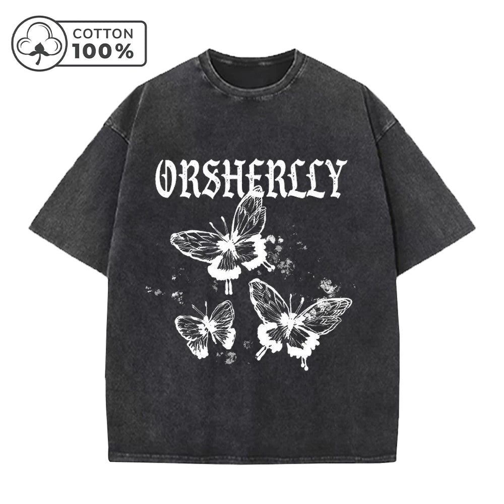 Men's Hollowed Out Butterfly Print Retro Washed T-Shirt Summer Distressed Loose Casual Fashion Short Sleeved Fitness Commute Top