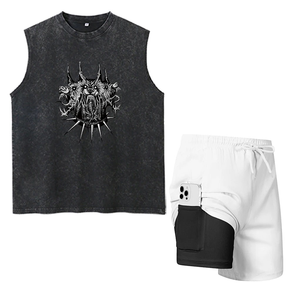 Men's Beach Casual Set Printed Fashion Washed T-Shirt Drawstring Shorts With Inner Cell Phone Pocket Summer Swimming And Surfing
