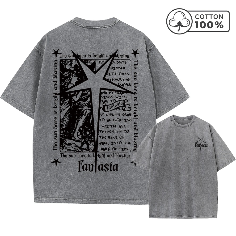 Men's Distressed Pure Cotton Washed T-Shirt With Fantasia Star And Text Print Short Sleeve Loose Fit Casual Daily Wear Gym Top