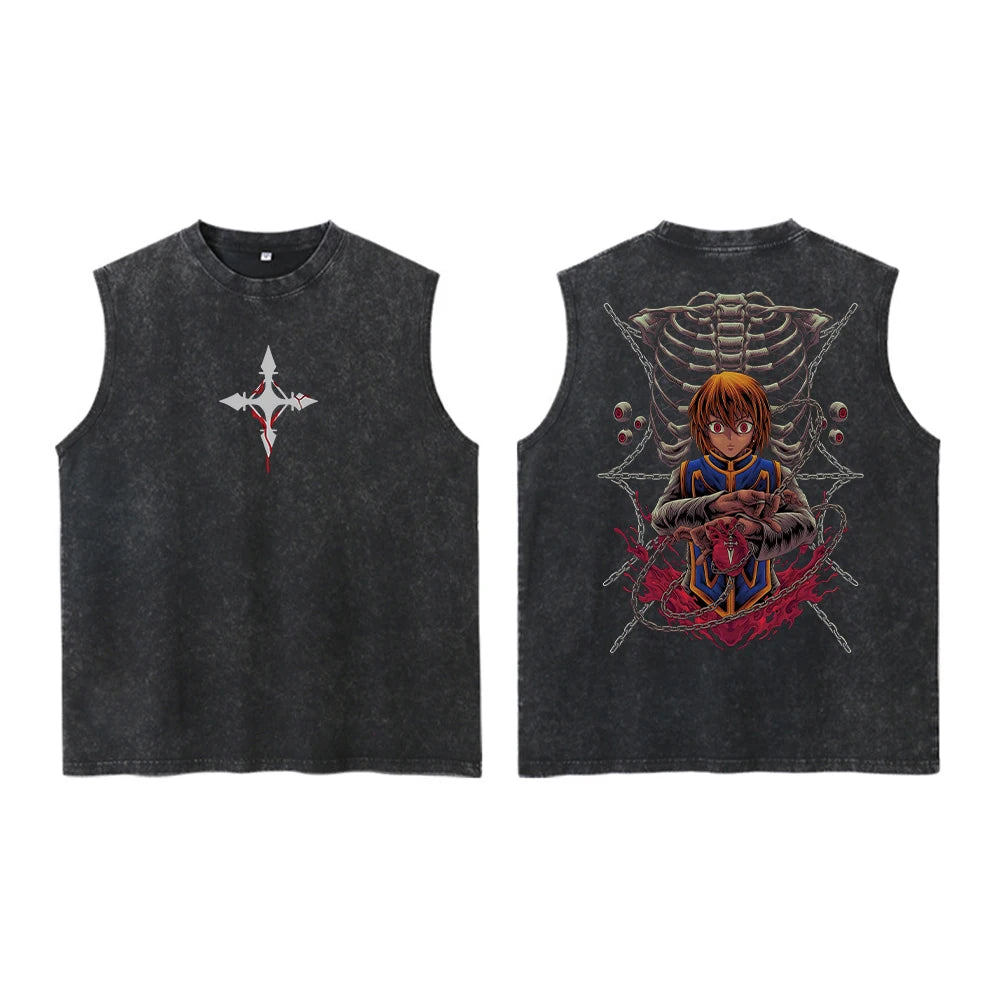 Anime Hunter X Hunter Acid Vest Retro Vintage Printed Washed Graphic Vest Men Harajuku Y2k Cotton Casual Tshirt Tops Unisex