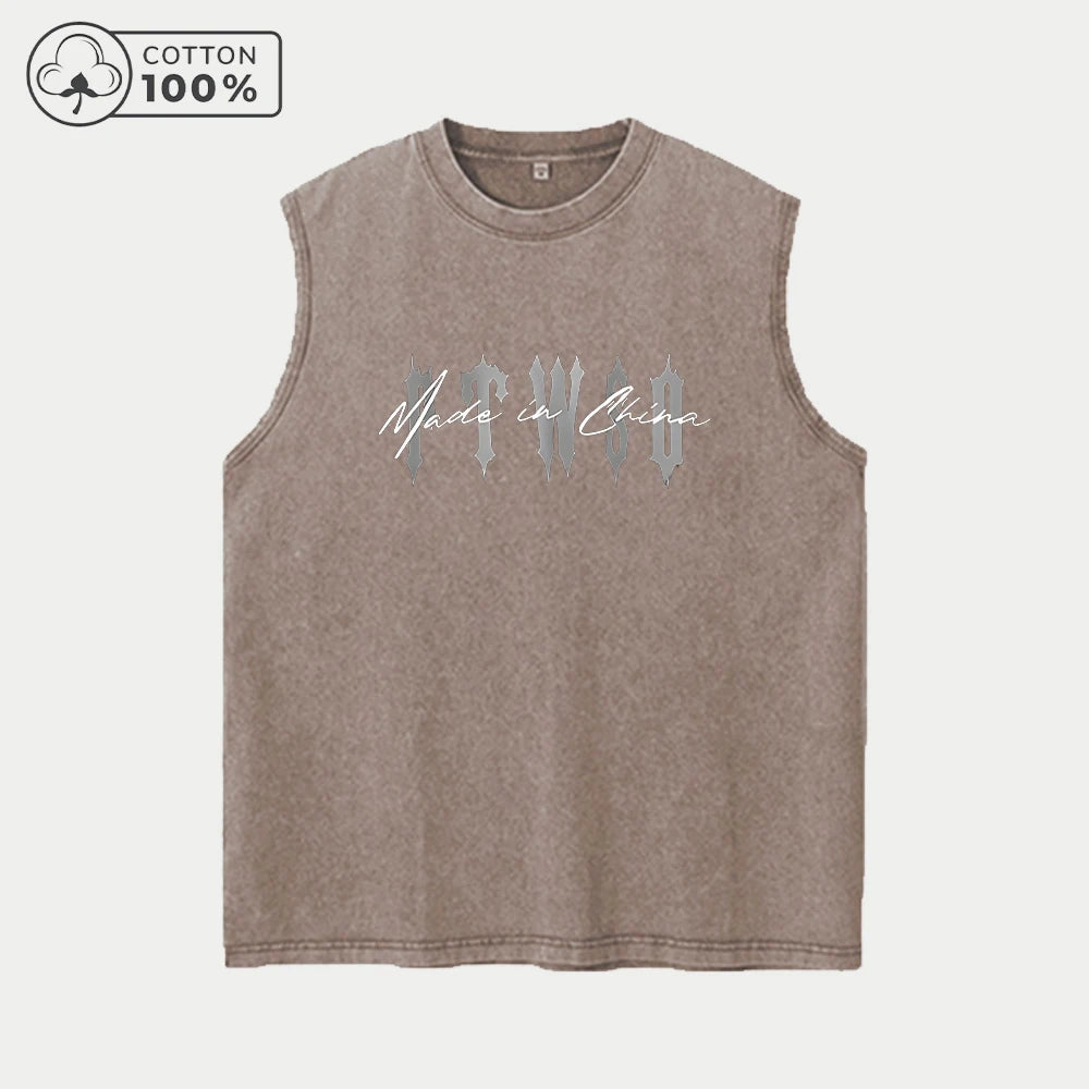 Men's Fashion Washed Vest With Twisted Text Print Pure Cotton Sleeveless Fitness T Shirt Loose Fit Casual Commuter Sports Top