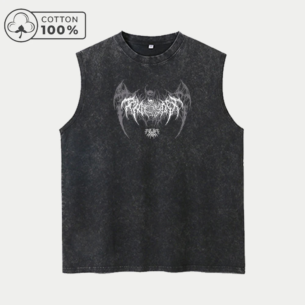 Men's Gothic Dark Wing Print Distressed Washed Vest Outdoor Running Cycling Pure Cotton Sleeveless Top Street Trend Vest