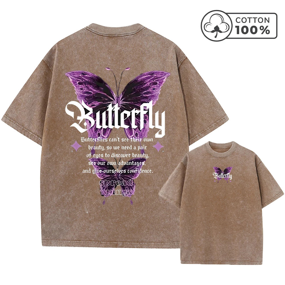 Men's Street Style Butterfly Print Washed T-Shirt Summer Distressed Loose Casual Fashion Short Sleeved Gym And Commuter Top