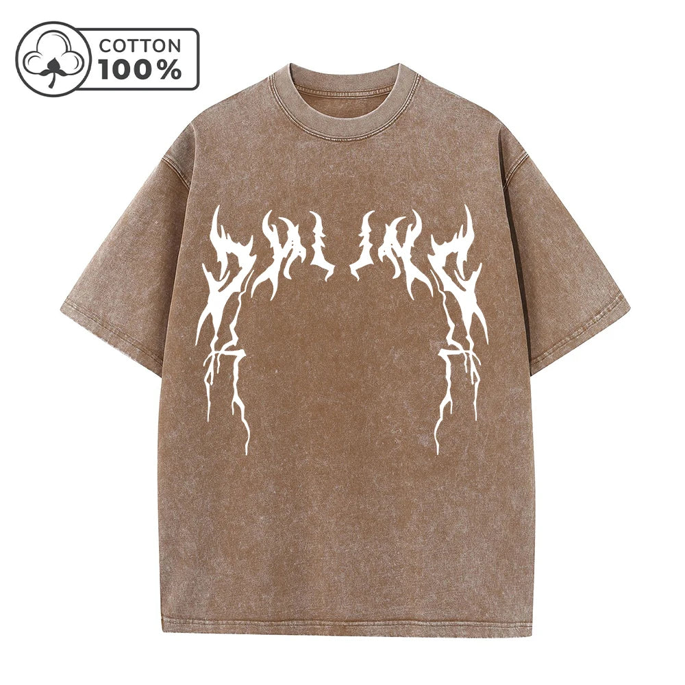 Men's Creative Thorn Print Washed T-Shirt Summer Distressed Loose Fitting Casual Fashion Short Sleeve Gym And Commuter Top